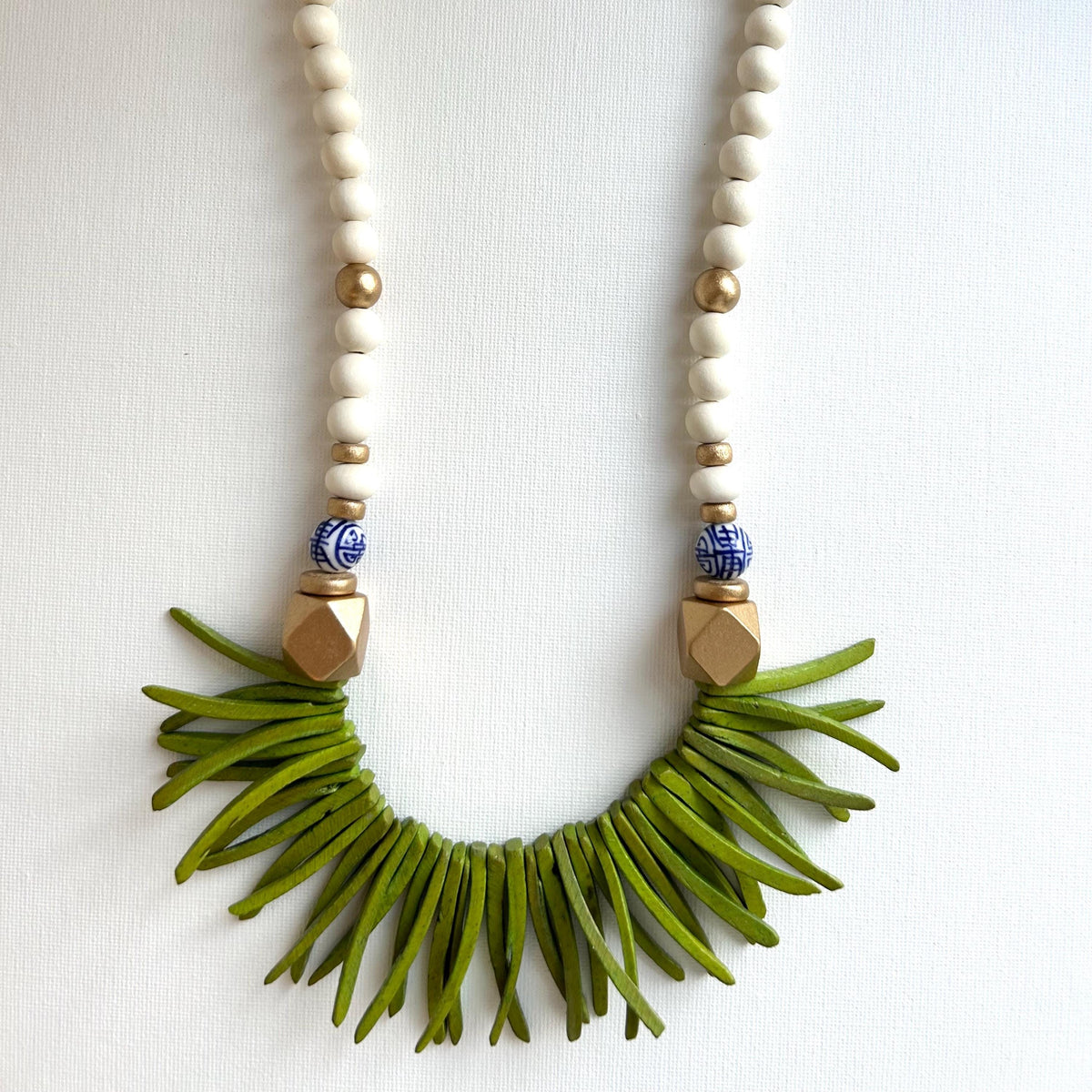 Handmade Beaded Statement Necklace: White, Green, and Chinoiserie Beads