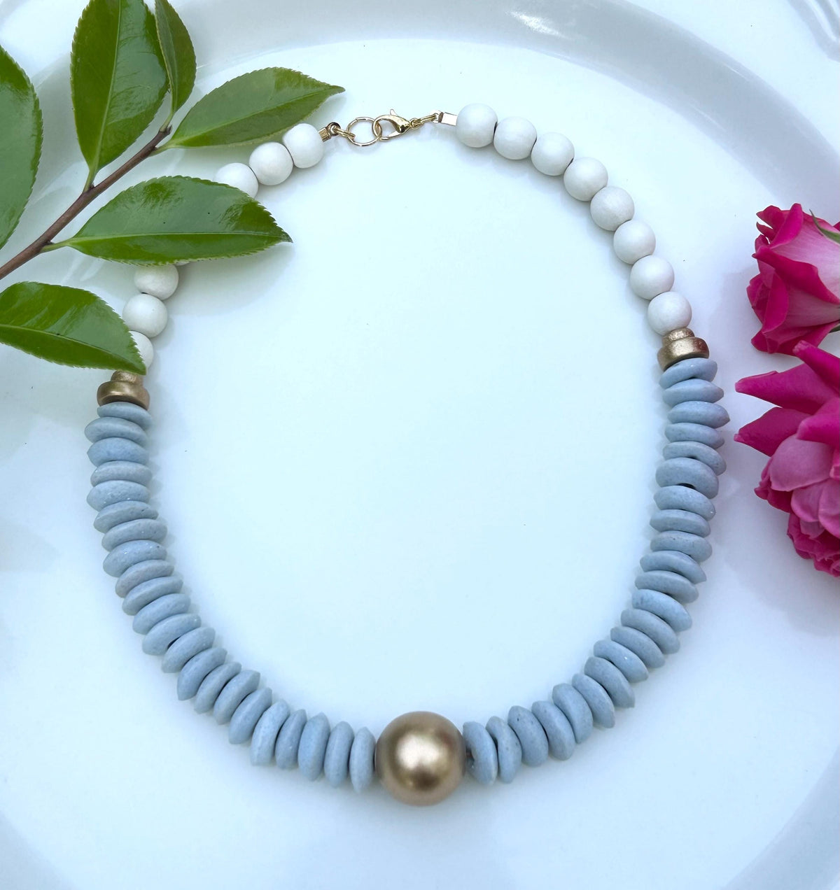 Light Blue & White Wooden Beaded Statement Necklace with Gold Accent UNC Ashanti Glass Beads