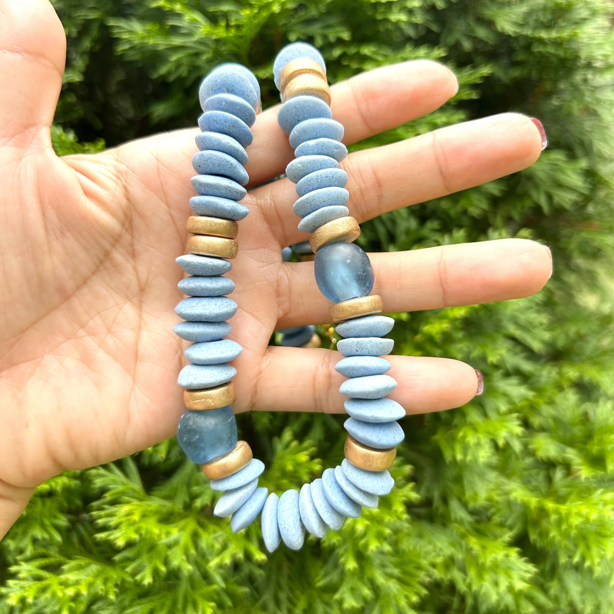 Handmade Carolina Blue Statement Necklace, Ashanti Glass Beads, UNC Gameday Jewelry