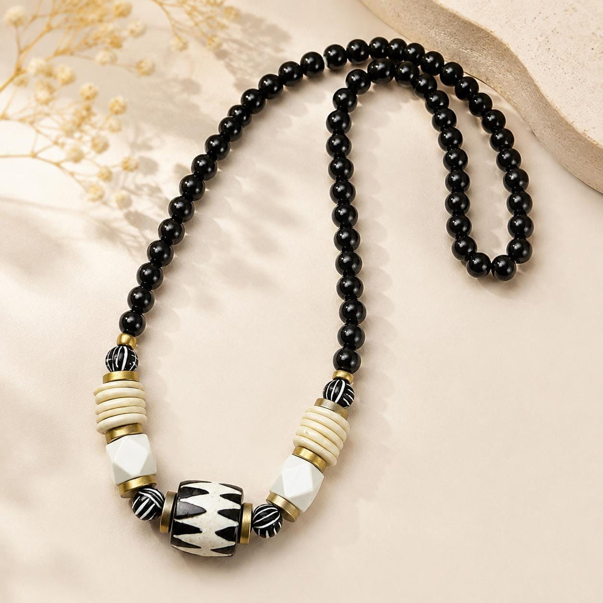 Fall Chunky Wooden and Bone Bead Statement Necklace Black & White Geometric Design