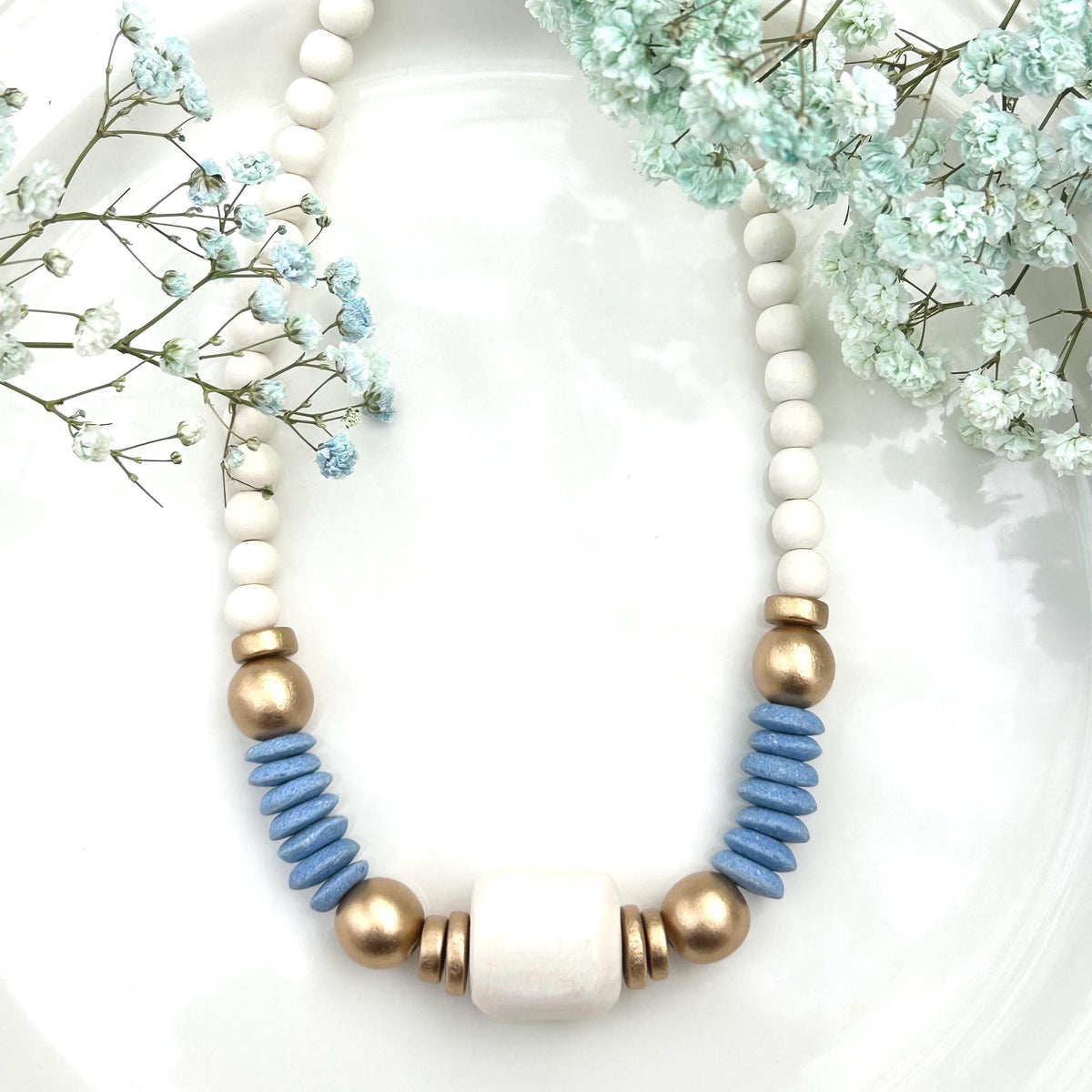 Beaded Statement Necklace: Bone Bead, Carolina Blue Ashanti Glass Beads