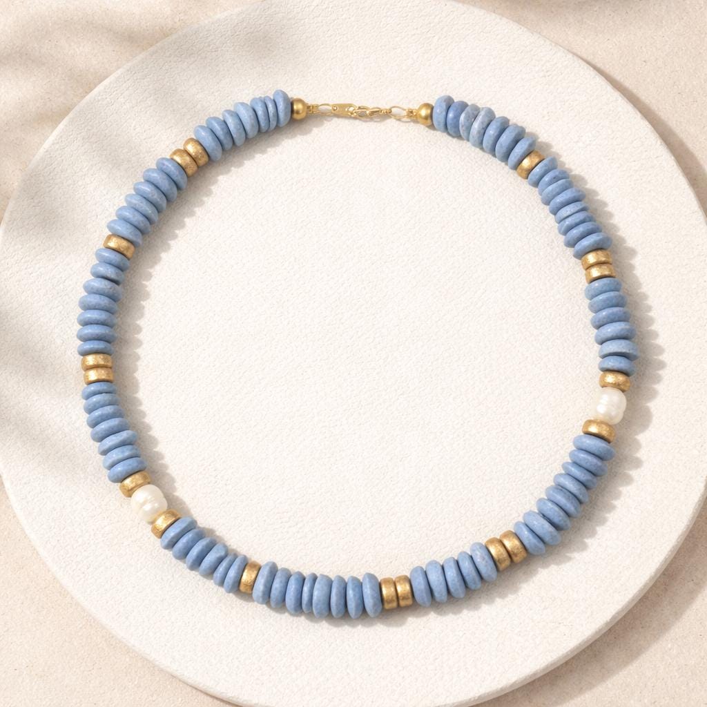 Blue Beaded Statement Necklace: Ashanti Glass Beads and Pearls, UNC Game Day Jewelry