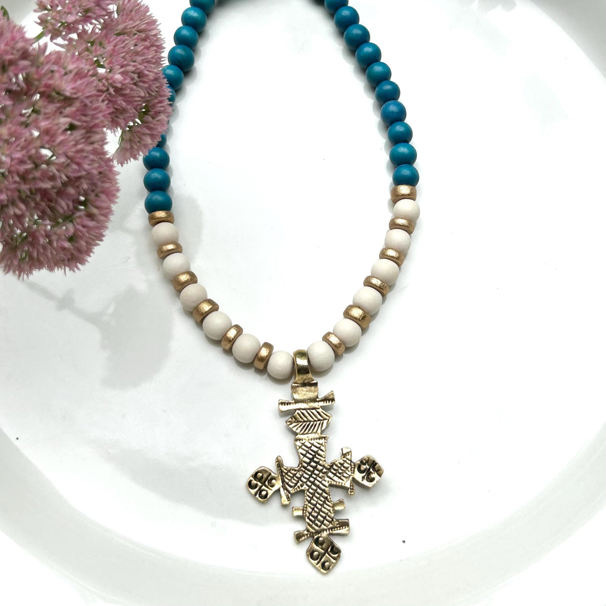 Golden Cross Pendant Necklace: Chunky Blue & White Wooden Beads