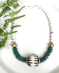 Green Wooden Bead Statement Necklace: Ashanti Glass & Bone Pendant
