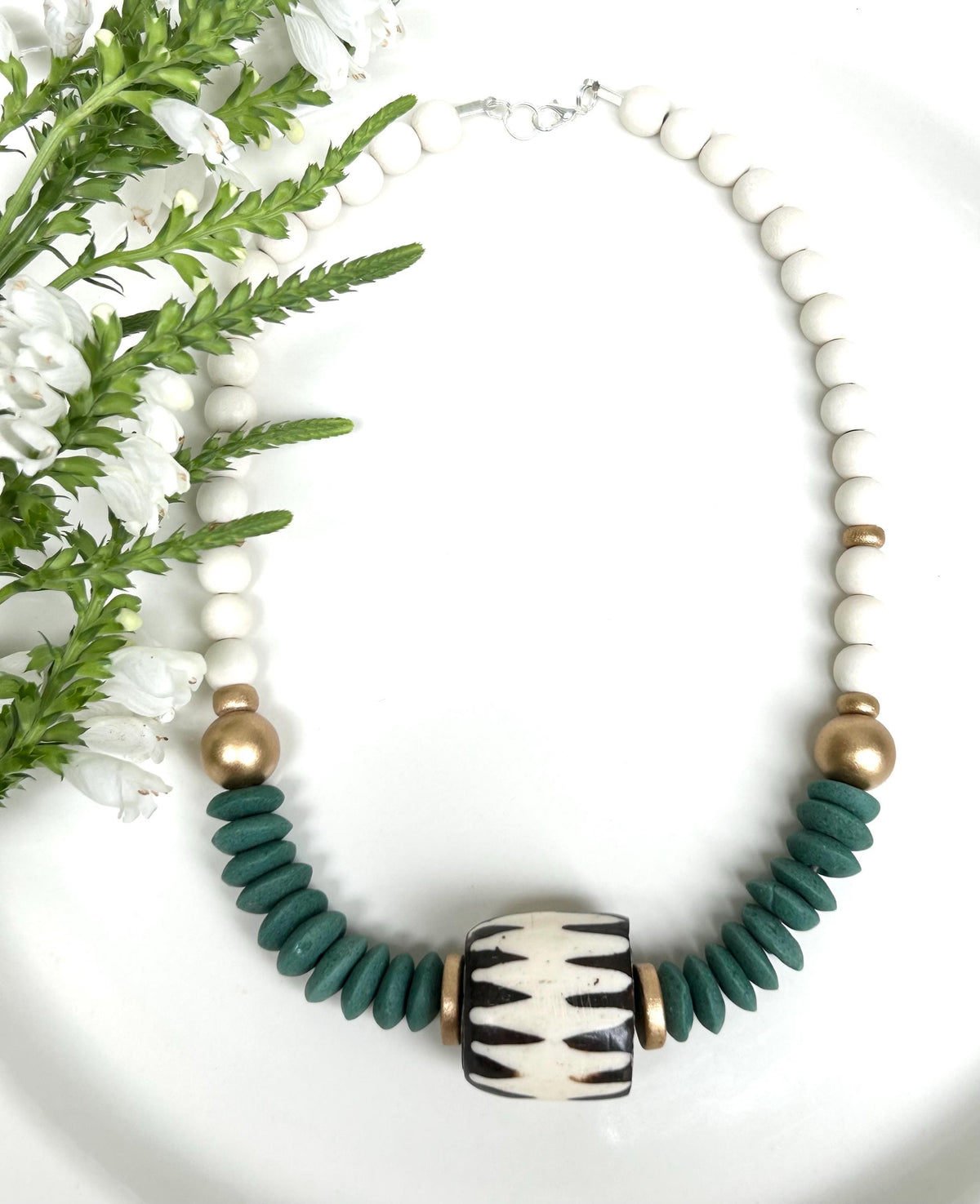 Green Wooden Bead Statement Necklace: Ashanti Glass & Bone Pendant