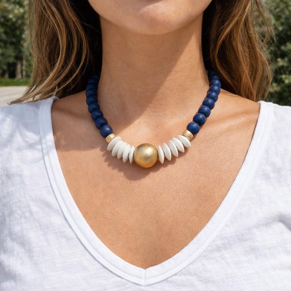 Blue and white Statement necklace beaded jewelry wooden bead lightweight game day jewelry