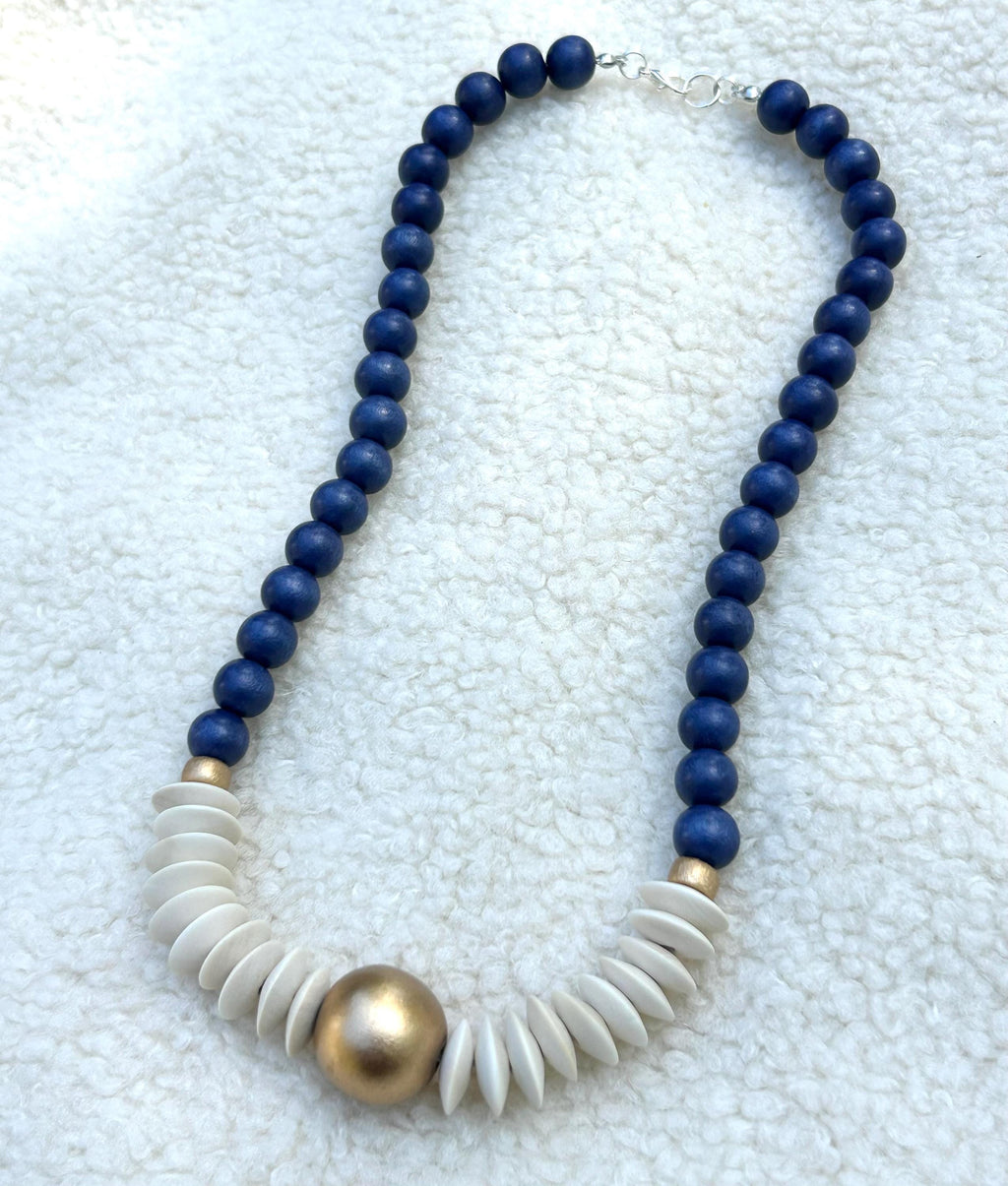 Blue and white Statement necklace beaded jewelry wooden bead lightweight game day jewelry