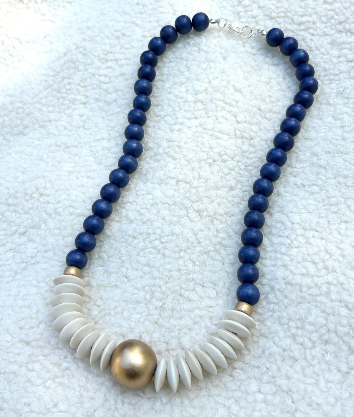 Blue and white Statement necklace beaded jewelry wooden bead lightweight game day jewelry