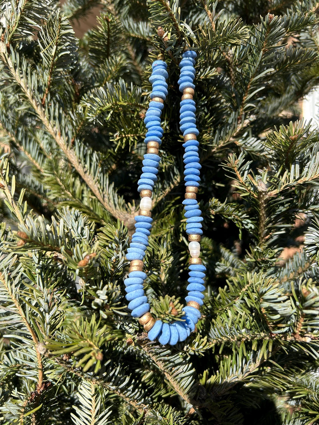 Blue Beaded Statement Necklace: Ashanti Glass Beads and Pearls, UNC Game Day Jewelry