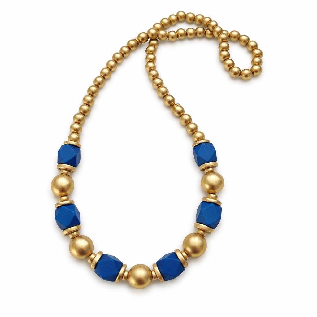 Blue and Gold Wooden Beaded Necklace, 30 Inch Statement Jewelry