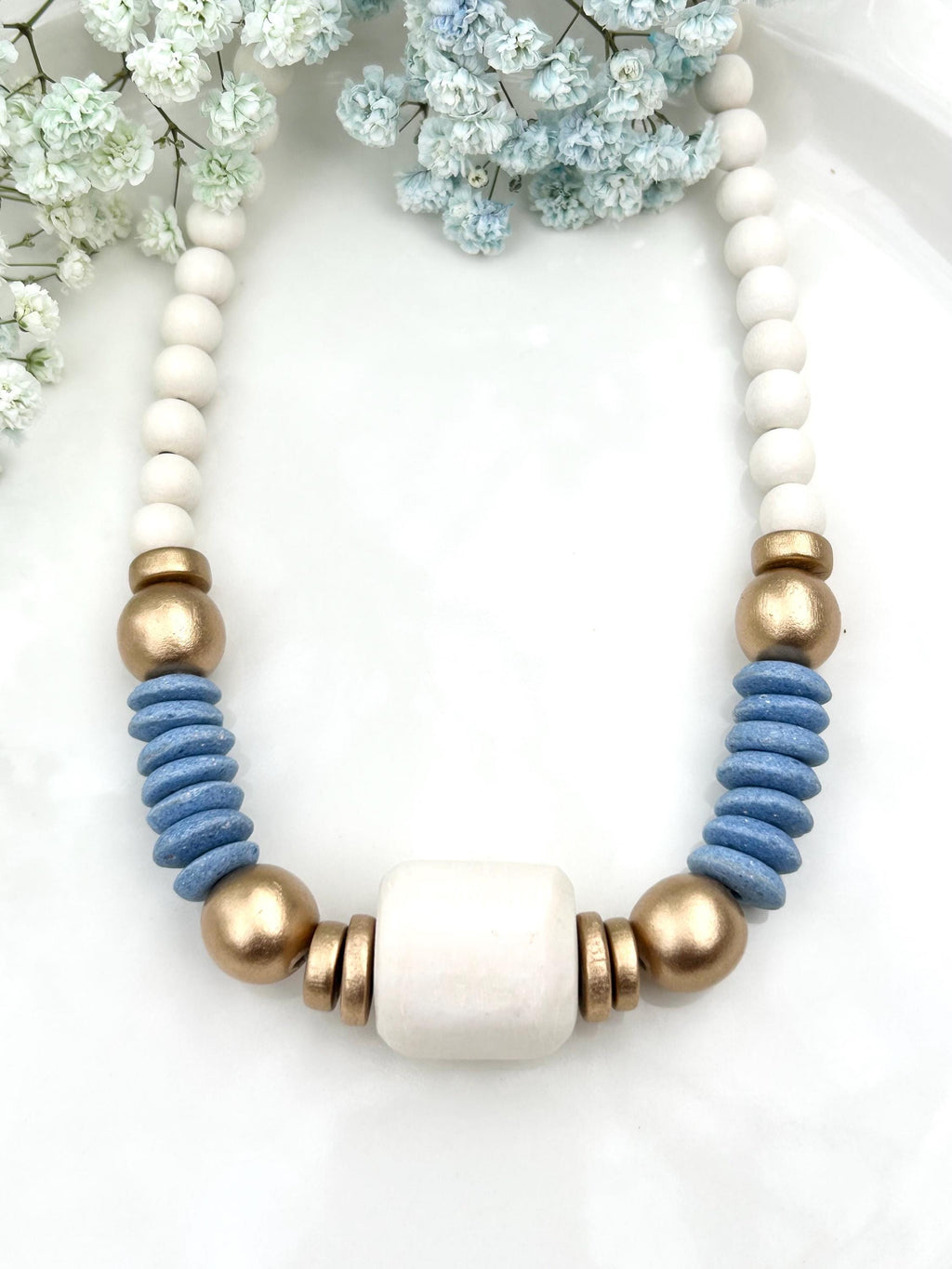 Beaded Statement Necklace: Bone Bead, Carolina Blue Ashanti Glass Beads
