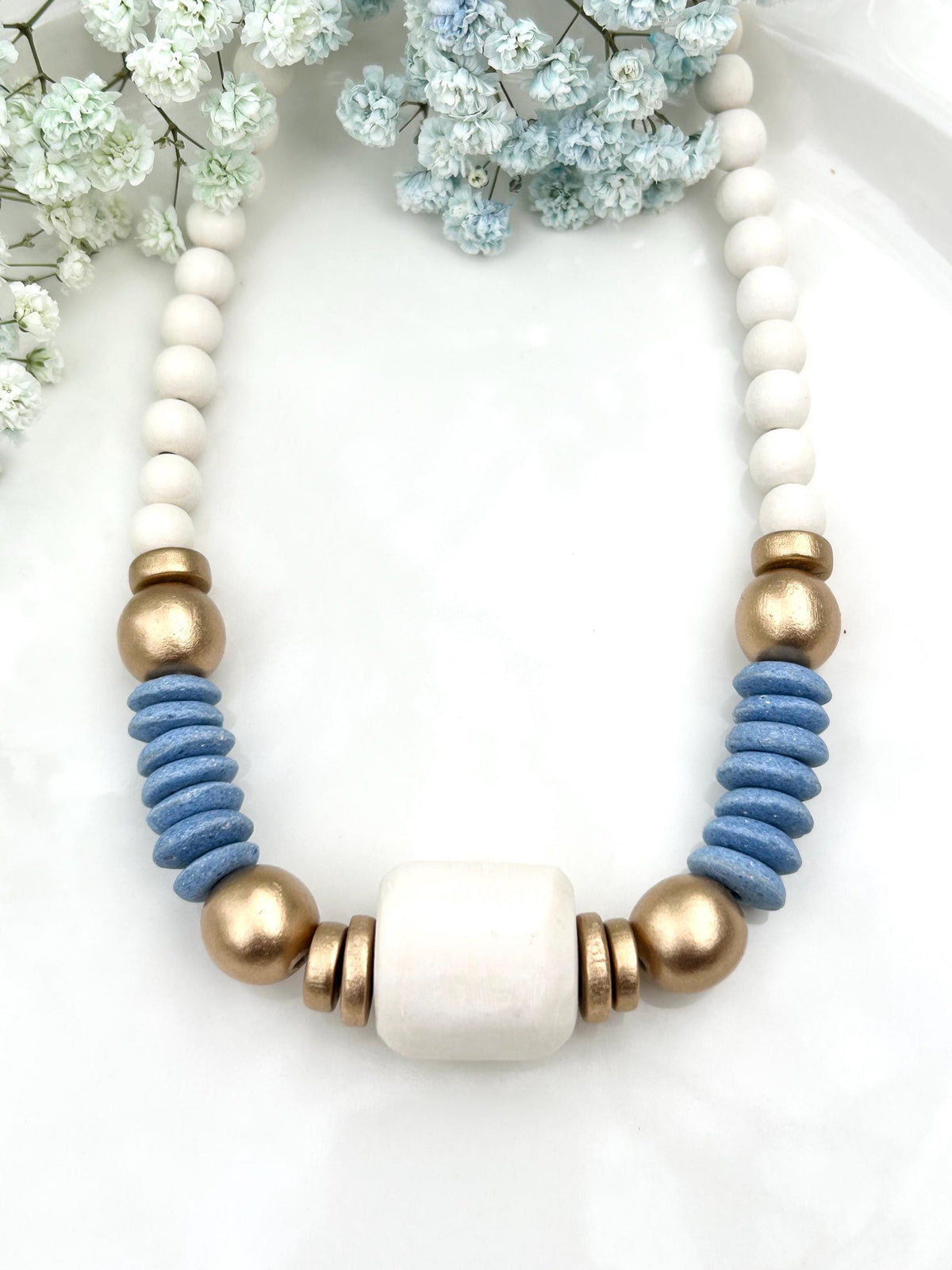 Beaded Statement Necklace: Bone Bead, Carolina Blue Ashanti Glass Beads