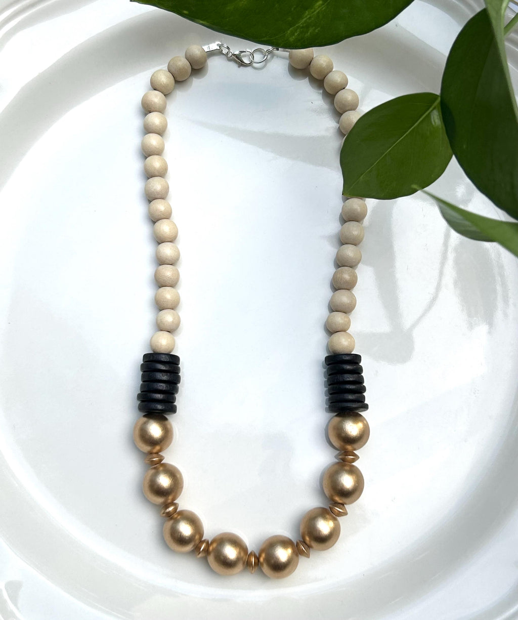 Statement Wooden Beaded Necklace: Black, Gold, and White