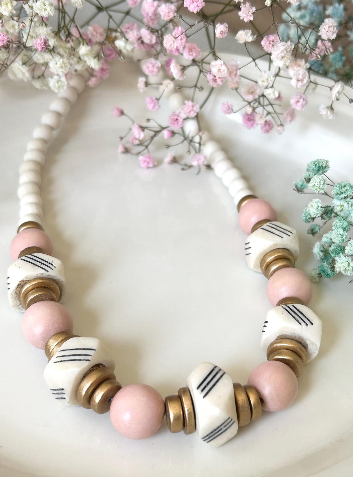Pink Wooden Bead Statement Necklace: Bone Cube Accent, Valentines Gift
