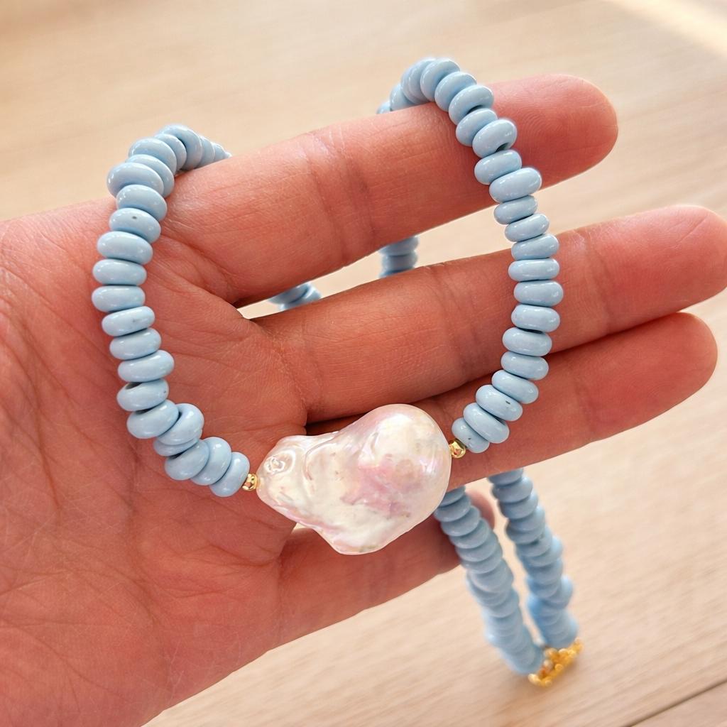 Blue Beaded Statement Necklace: Baroque Pearl Pendant, Handmade
