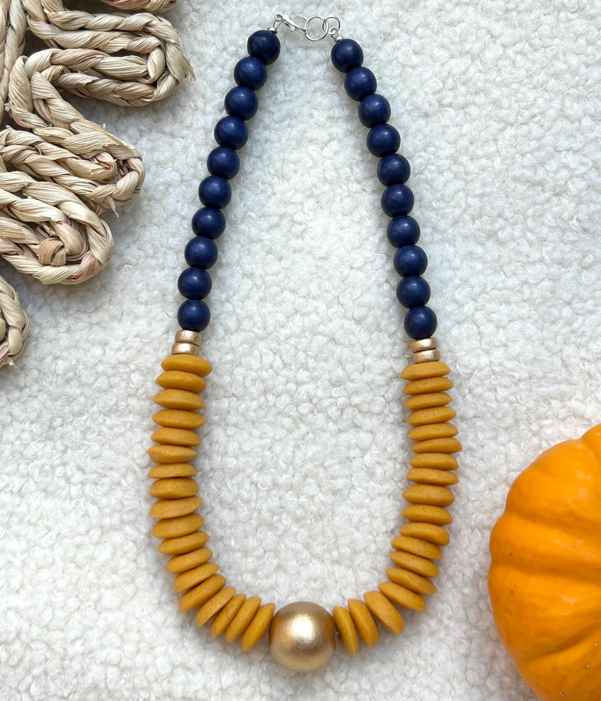 Chunky Wooden Bead Statement Necklace Orange & Blue Colors Game Day Jewelry
