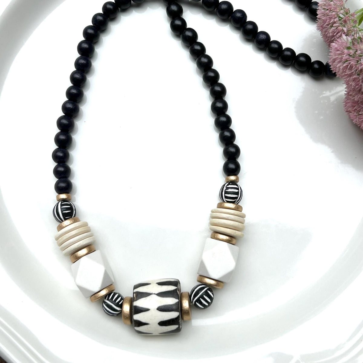 Fall Chunky Wooden and Bone Bead Statement Necklace Black & White Geometric Design