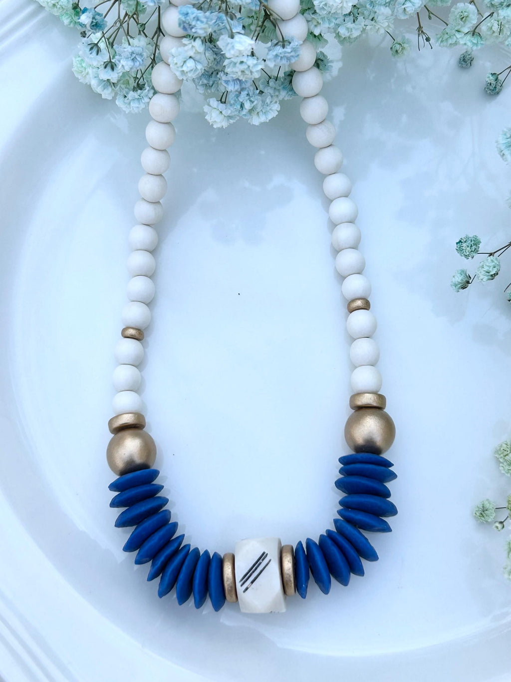 Blue Statement Necklace Ashanti Glass Beads Bone & Wooden Bead Jewelry