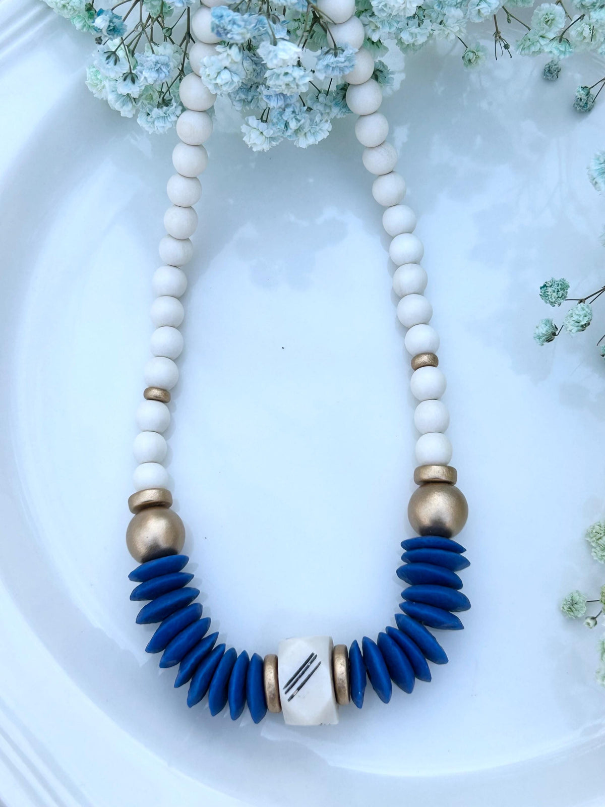 Blue Statement Necklace Ashanti Glass Beads Bone & Wooden Bead Jewelry