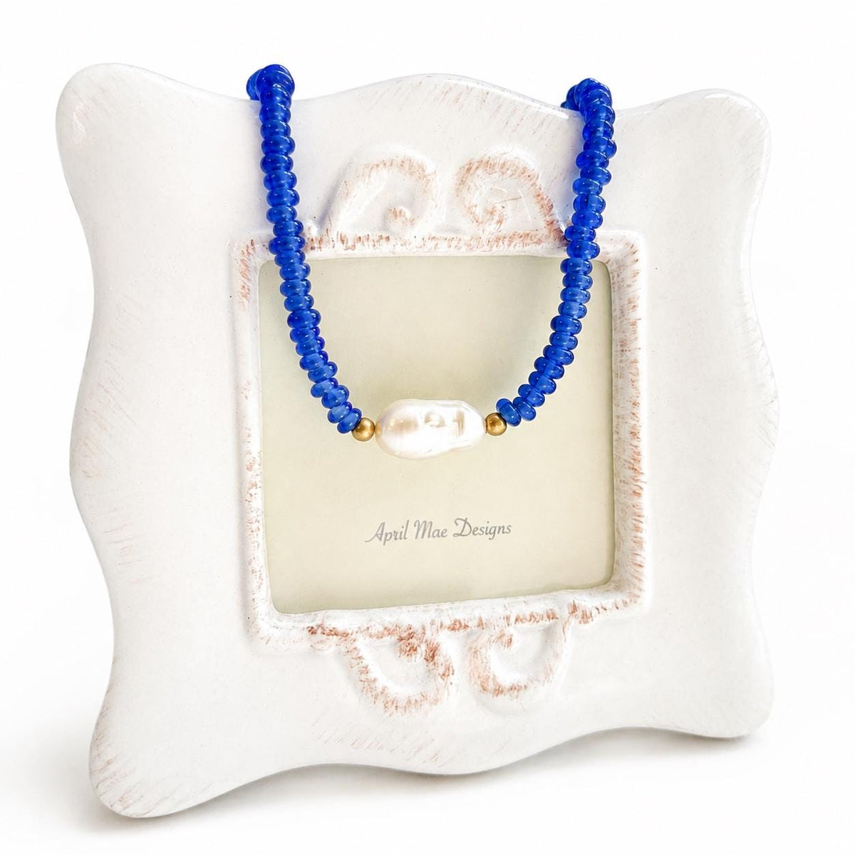 Blue Glass Beaded Statement Necklace: Glass Beads, Baroque Pearl Pendant