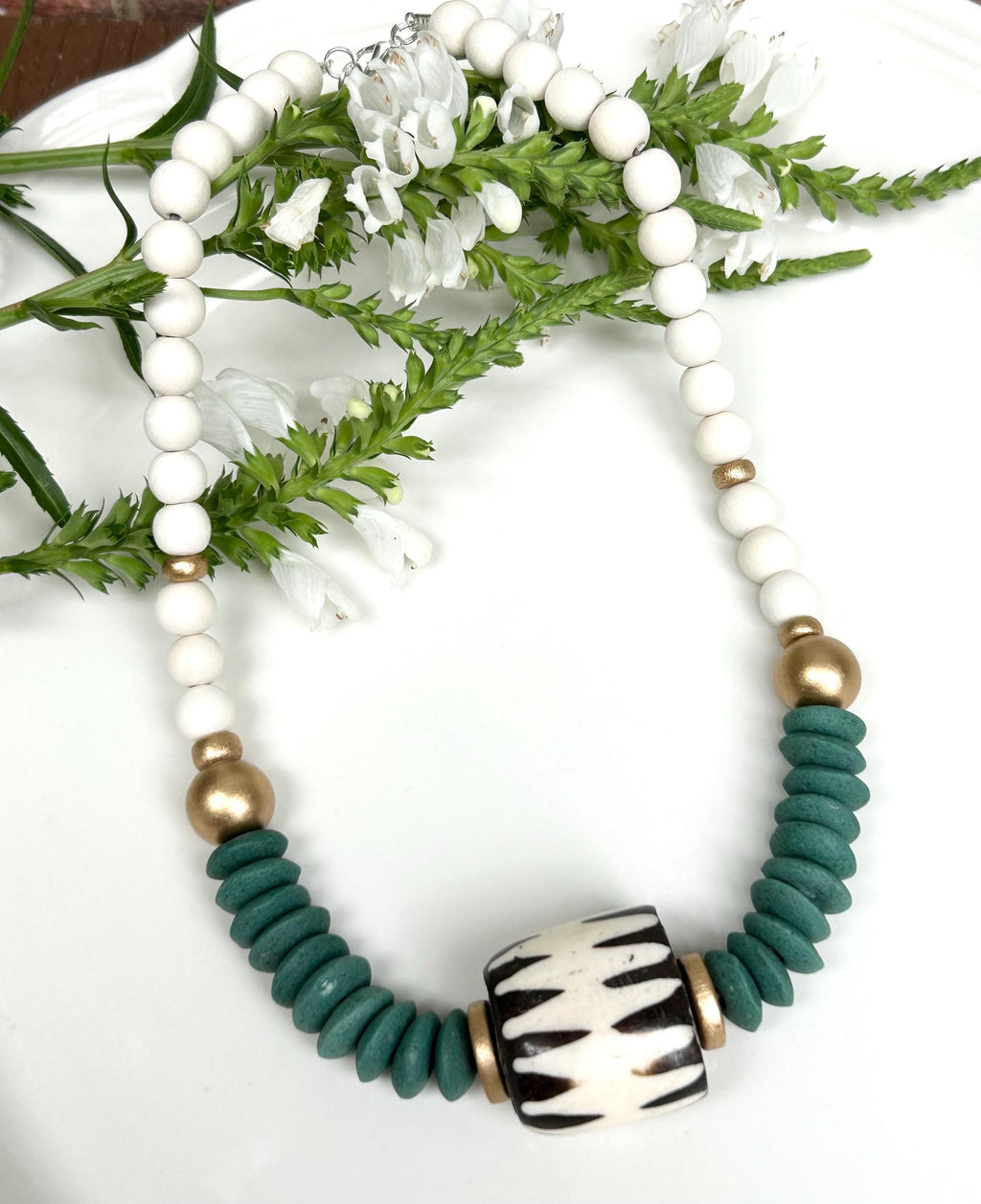 Green Wooden Bead Statement Necklace: Ashanti Glass & Bone Pendant