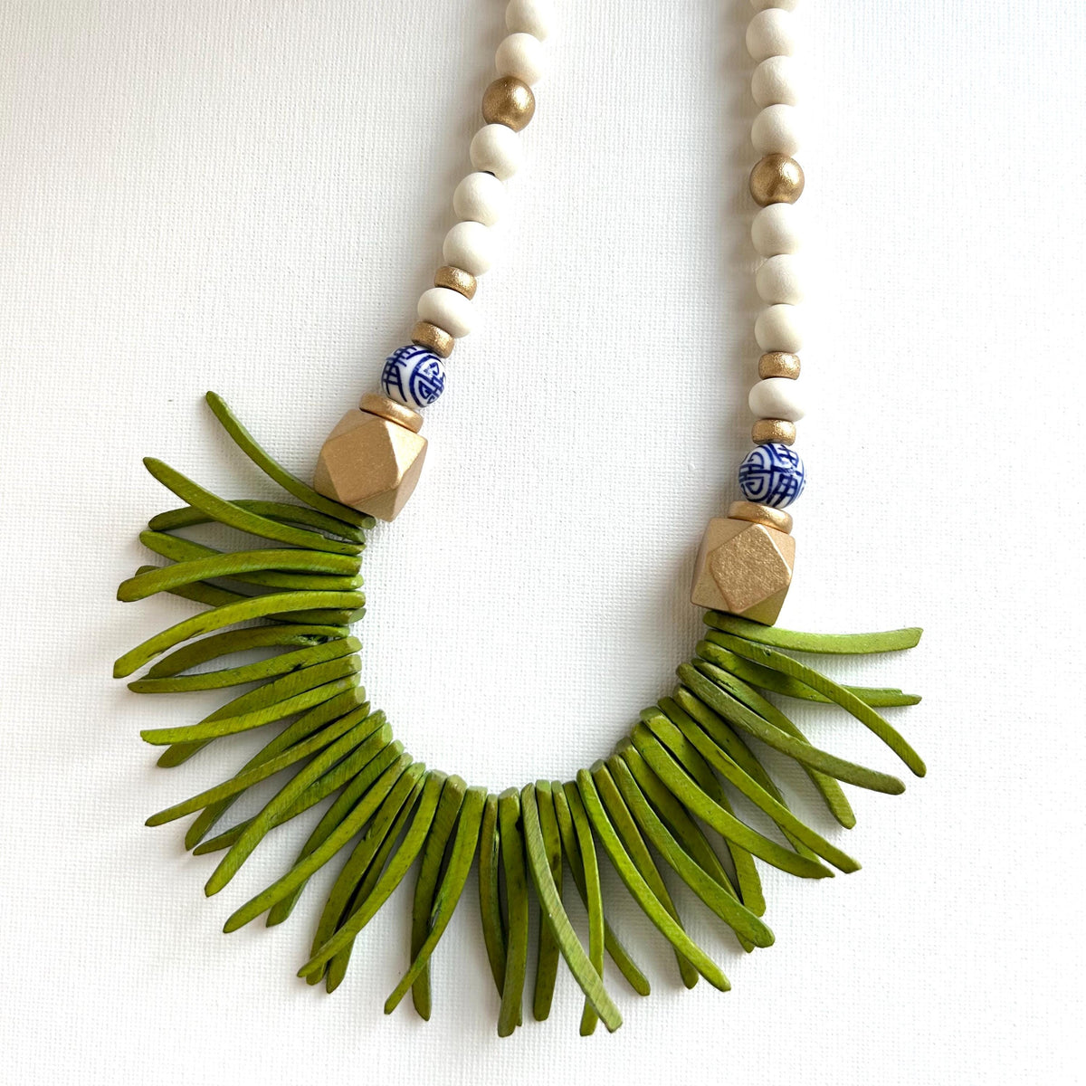 Handmade Beaded Statement Necklace: White, Green, and Chinoiserie Beads
