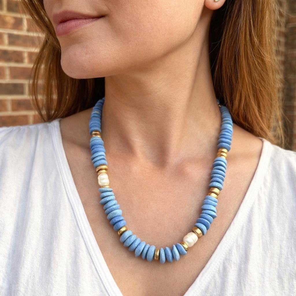 Blue Beaded Statement Necklace: Ashanti Glass Beads and Pearls, UNC Game Day Jewelry
