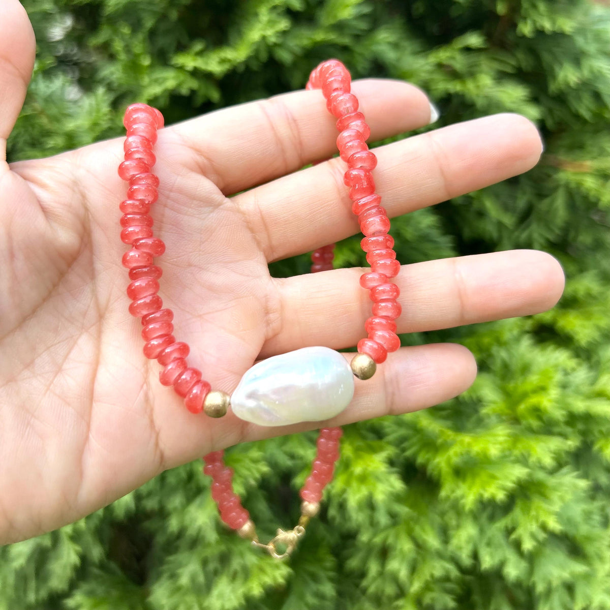 Red Glass Beaded Statement Necklace: Glass Beads, Baroque Pearl Pendant
