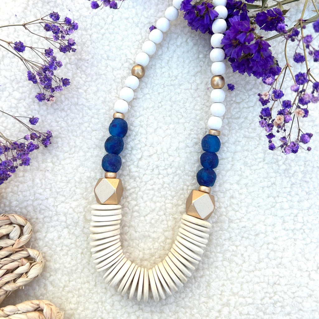 Long Chunky Wooden Bead Statement Necklace White & Blue Colors Game Day Jewelry
