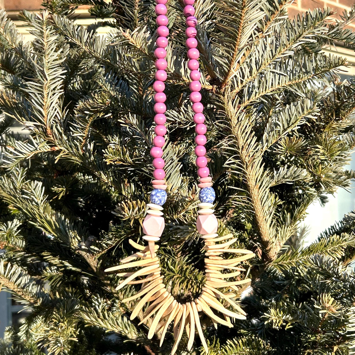 Chunky Wood Coconut Bead Necklace: Pink, Cream, Blue Statement Jewelry