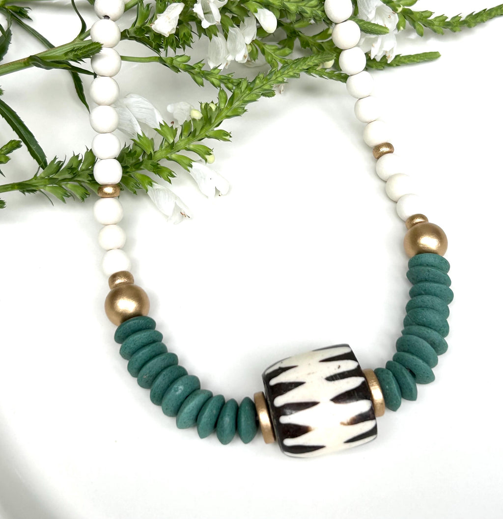 Green Wooden Bead Statement Necklace: Ashanti Glass & Bone Pendant