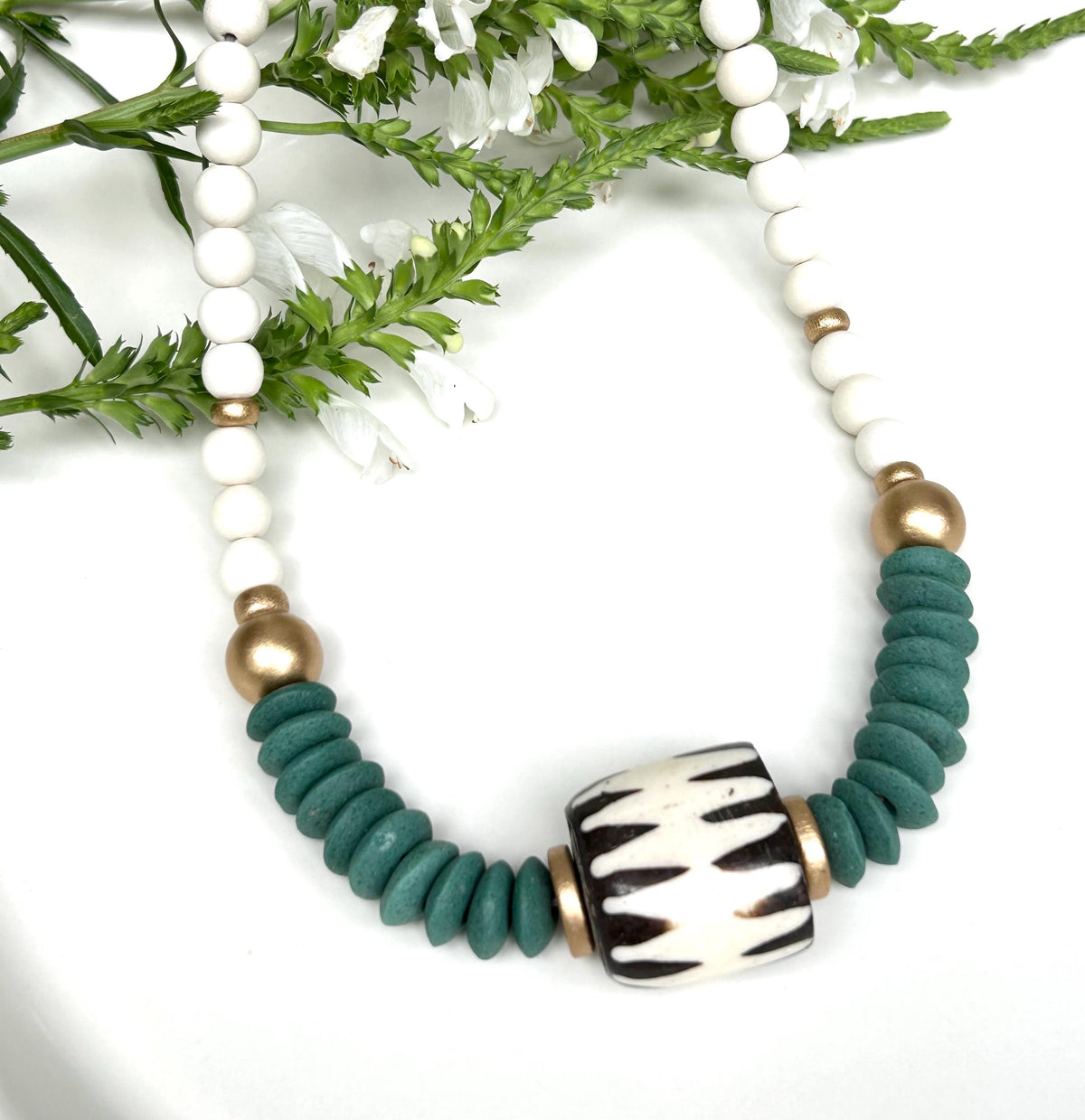 Green Wooden Bead Statement Necklace: Ashanti Glass & Bone Pendant