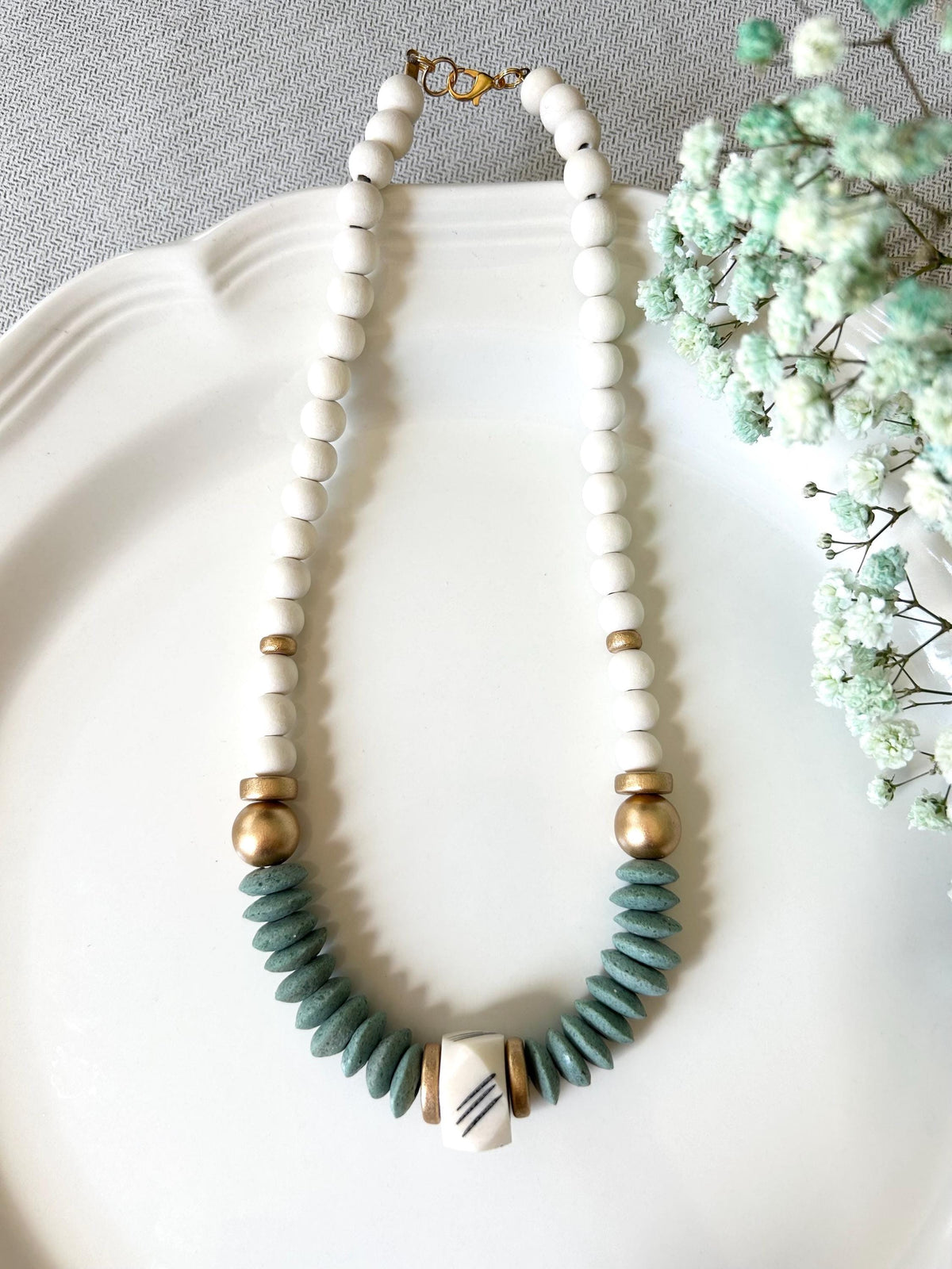 Green Beaded Statement Necklace: Bone & Wooden Bead Jewelry