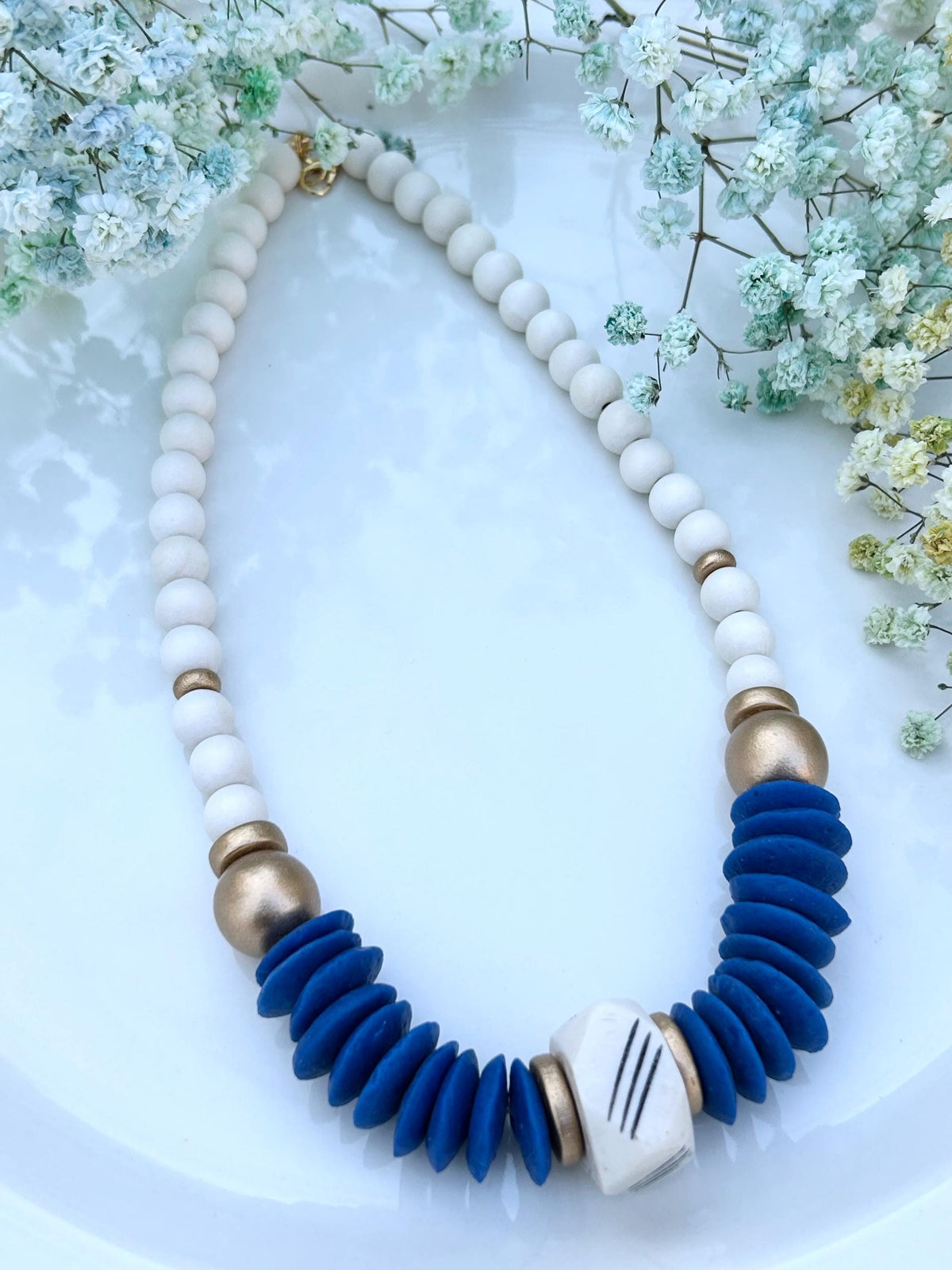 Blue Statement Necklace Ashanti Glass Beads Bone & Wooden Bead Jewelry