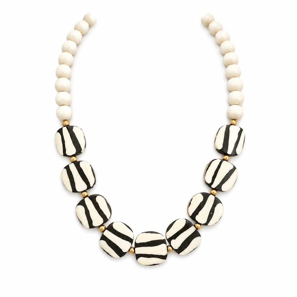 Black White Handmade Beaded Statement Necklace, Fall Jewelry