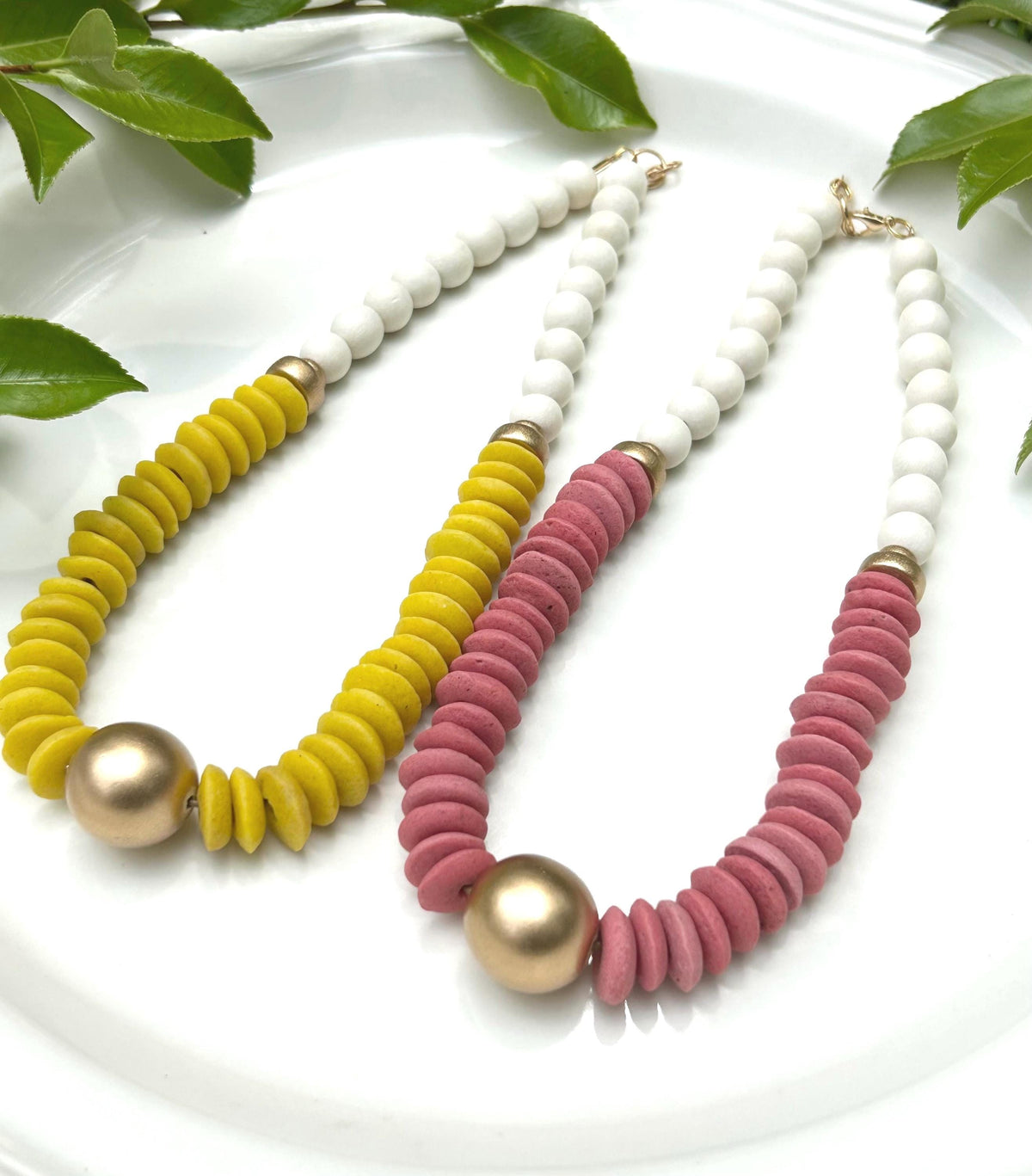 Statement Necklace, Pink, Yellow, White Ashanti Glass Beads, Golden Focal Bead