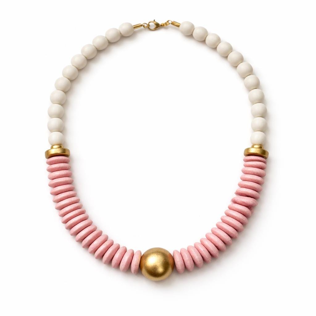 Statement Necklace, Pink, Yellow, White Ashanti Glass Beads, Golden Focal Bead