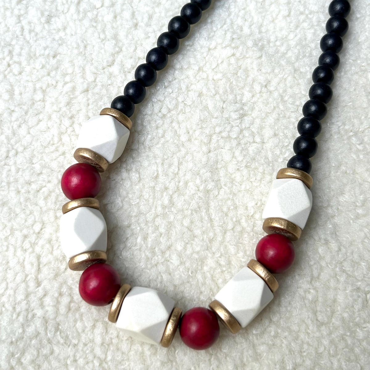 Red Black and White Wooden Beaded Statement Necklace: Game Day Jewelry