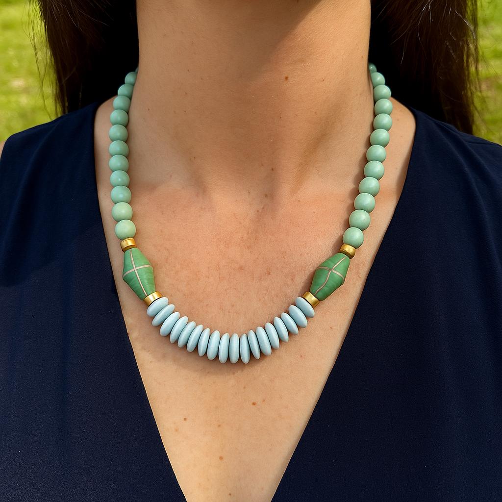 Blue Beaded Statement Necklace: Ashanti Glass and Wooden Beads, Game Day Jewelry