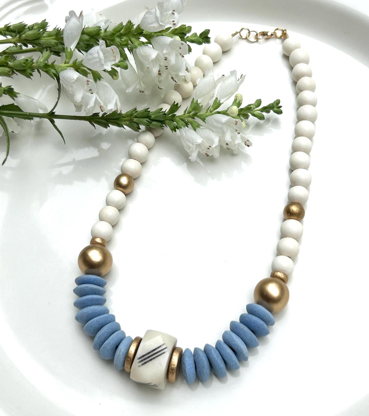 Blue Beaded Statement Necklace, Bone, Ashanti Glass, Boho Artisan Jewelry, Easter gift