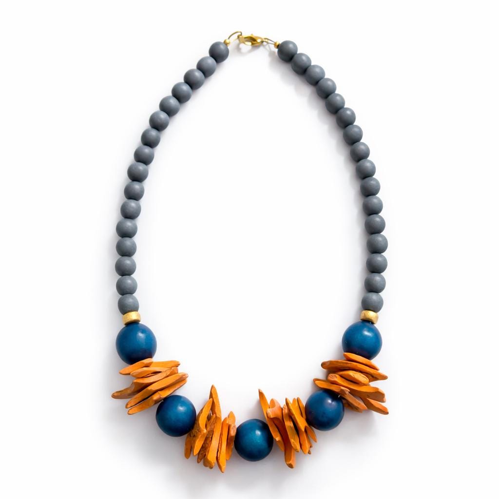 Chunky Wooden Bead Statement Necklace Orange & Blue Colors Game Day Jewelry