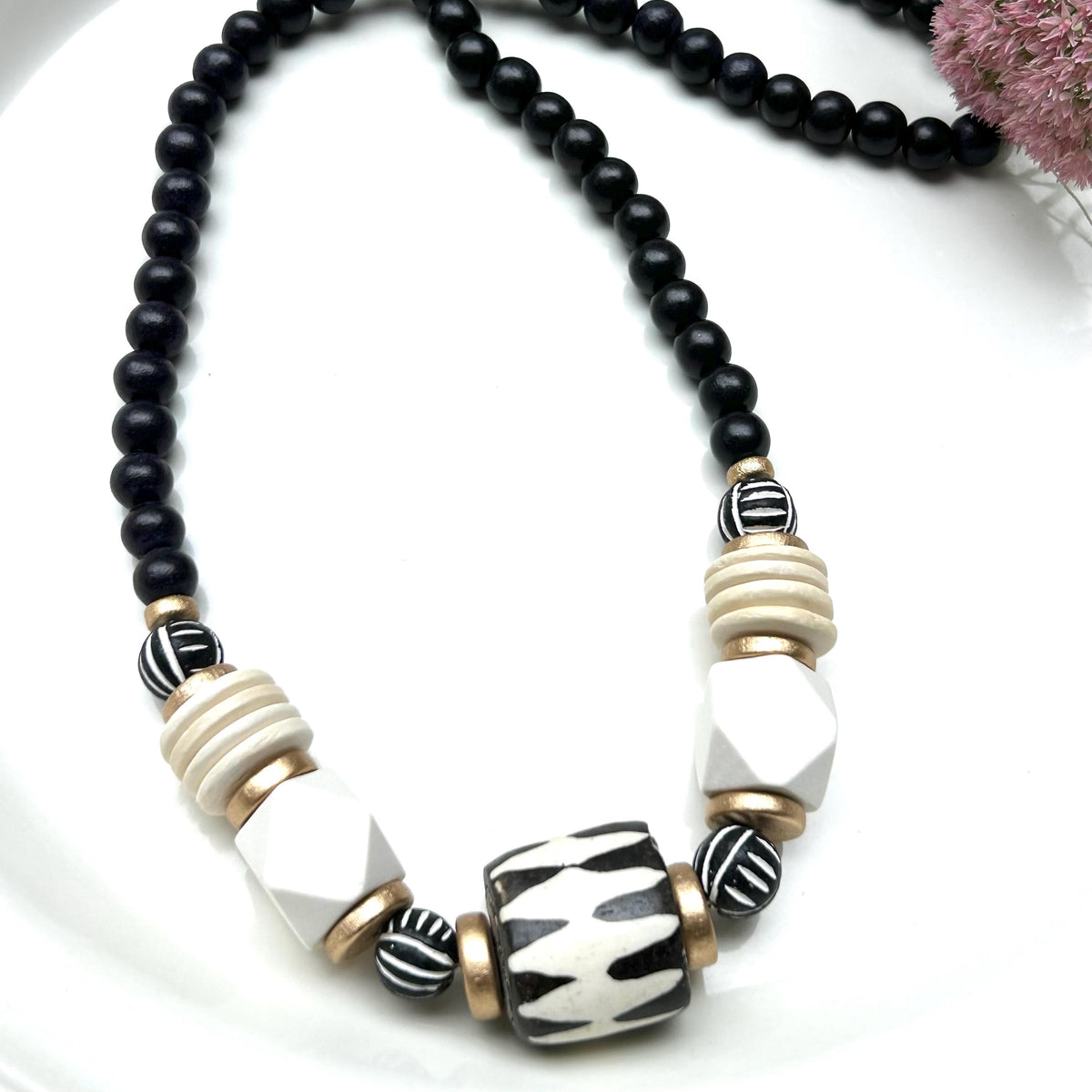 Fall Chunky Wooden and Bone Bead Statement Necklace Black & White Geometric Design