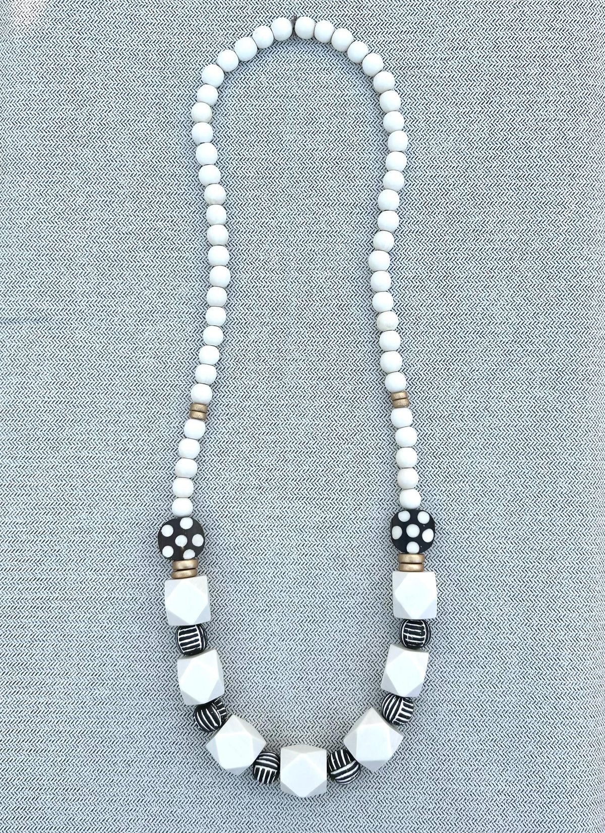 Chunky Wooden Bead Statement Necklace: Black & White Geometric Design