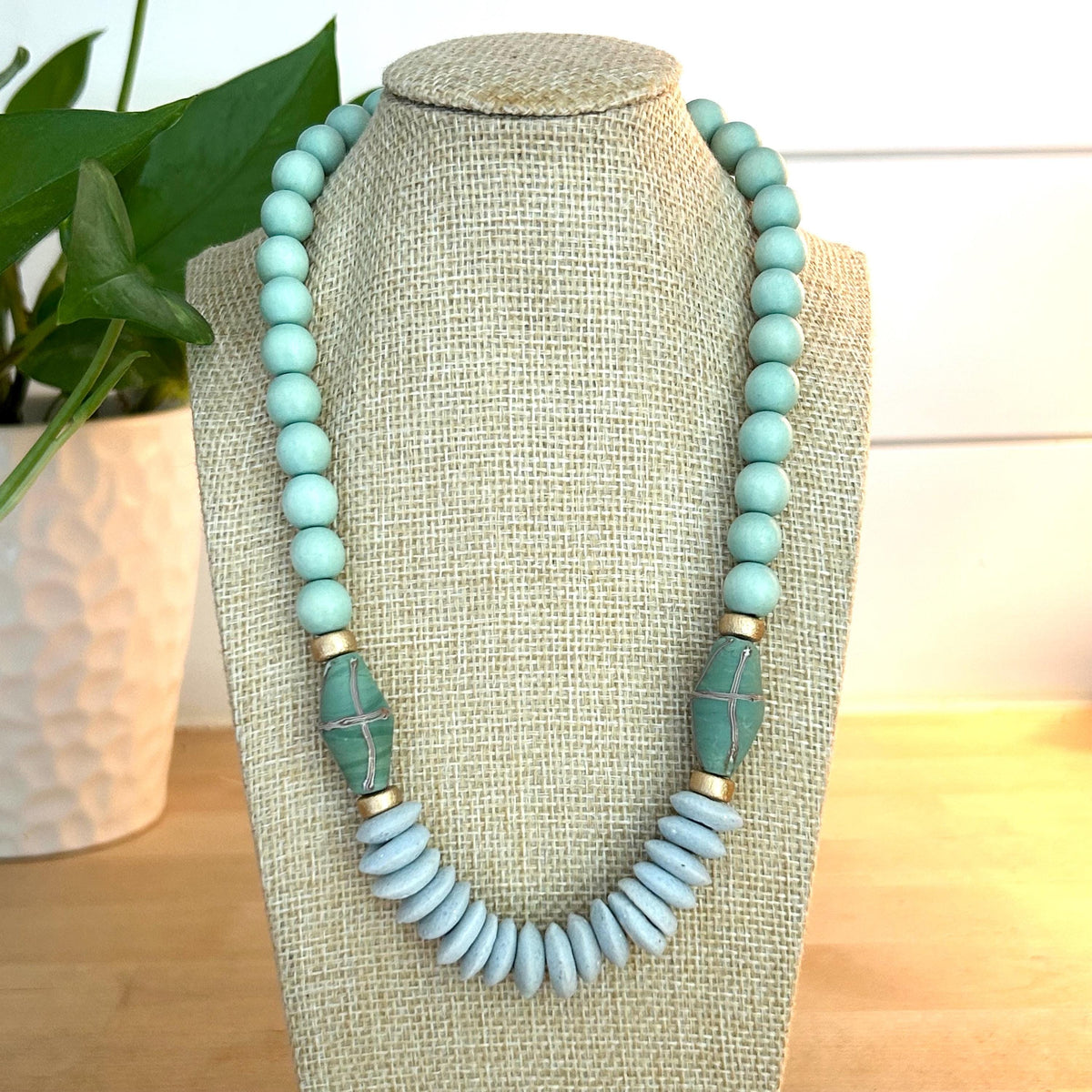 Blue Beaded Statement Necklace: Ashanti Glass and Wooden Beads, Game Day Jewelry