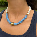Carolina Blue Statement Necklace, Ashanti Glass, Wooden Beads, Gameday Jewelry