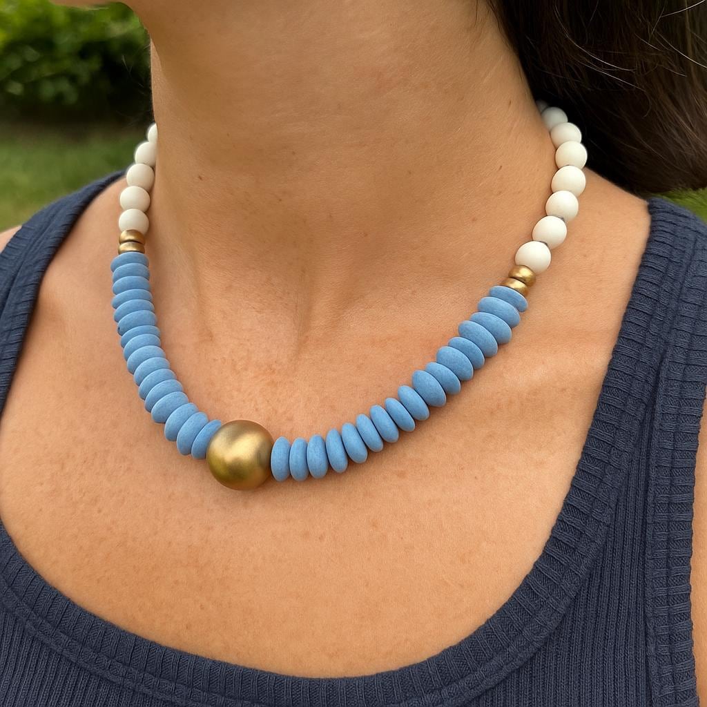 Carolina Blue Statement Necklace, Ashanti Glass, Wooden Beads, Gameday Jewelry
