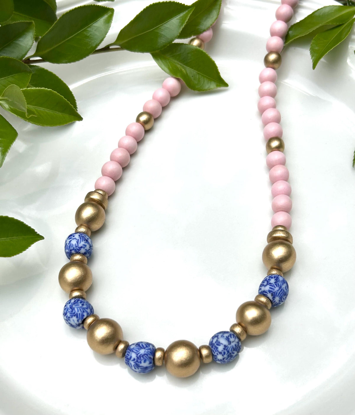 Handmade Beaded Statement Necklace: Pink, Gold, and Chinoiserie Beads
