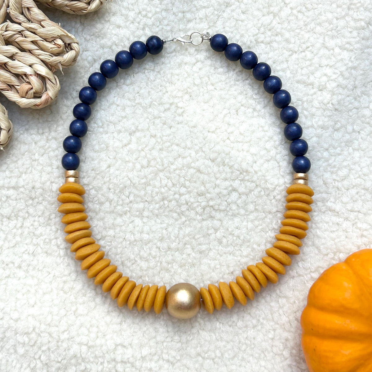 Chunky Wooden Bead Statement Necklace Orange & Blue Colors Game Day Jewelry