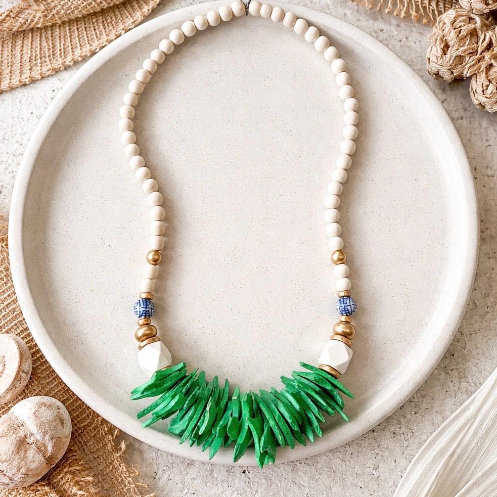 Green Wood Beaded Statement Necklace: Chunky Preppy Jewelry Chinoiserie Beads