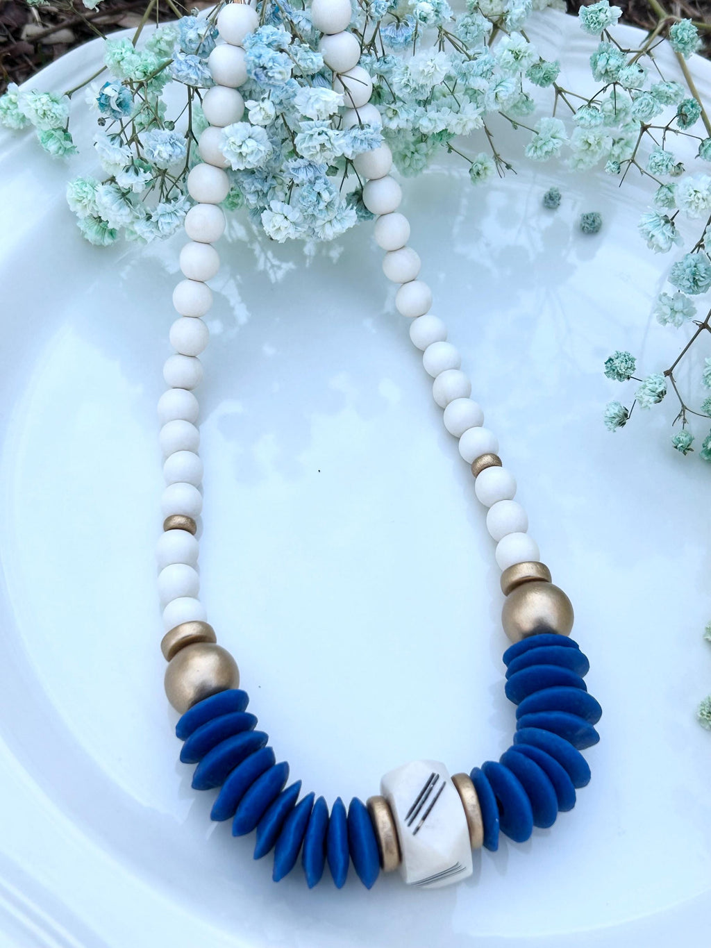 Blue Statement Necklace Ashanti Glass Beads Bone & Wooden Bead Jewelry